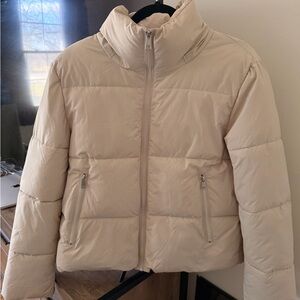 Women's Cream Short Puffer Jacket with High Collar